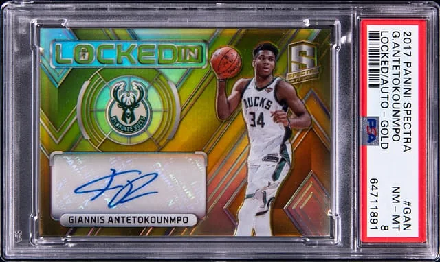 2017 Panini Spectra Giannis Antetokounmpo Locked In Autographs Gold #GAN card image