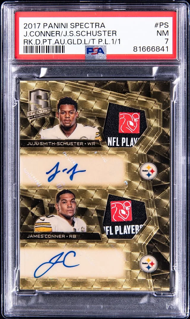 2017 Panini Spectra JuJu Smith-Schuster/James Conner Dual Patch Autograph Gold Laundry Tags NFL Players Logo #RPDA-PS card image