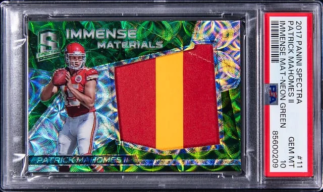2017 Panini Spectra Patrick Mahomes II Immense Materials Neon Green #11 card image