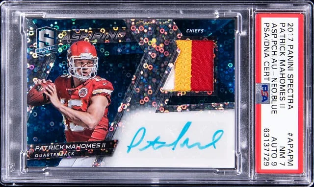 2017 Panini Spectra Patrick Mahomes II Aspiring Patch Autographs Neon Blue #APA-PM card image