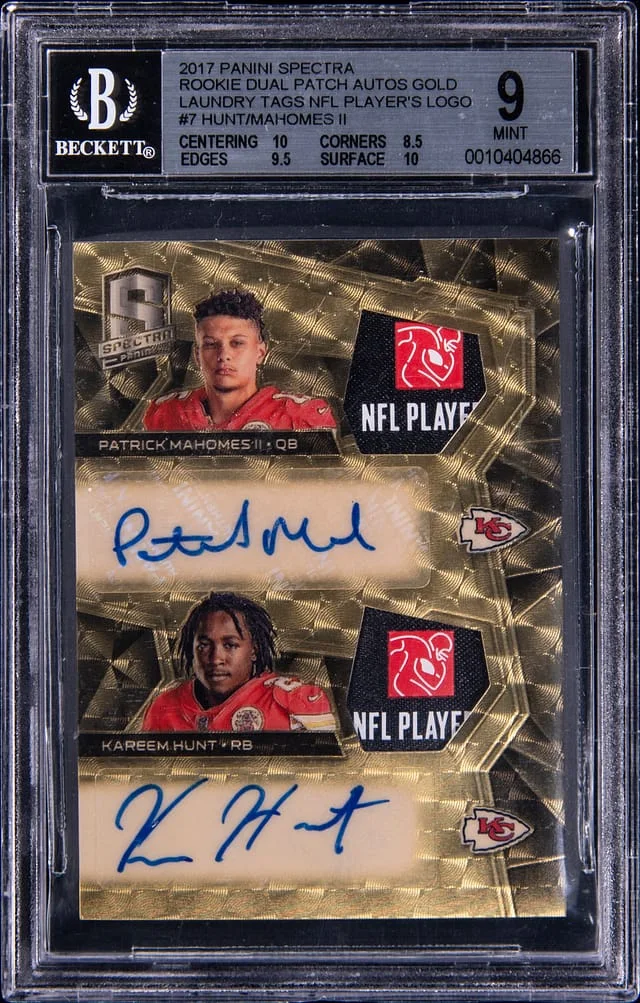 2017 Panini Spectra Patrick Mahomes II/Kareem Hunt Dual Patch Autographs Gold Laundry Tags NFL Shield #RDPA-KC card image