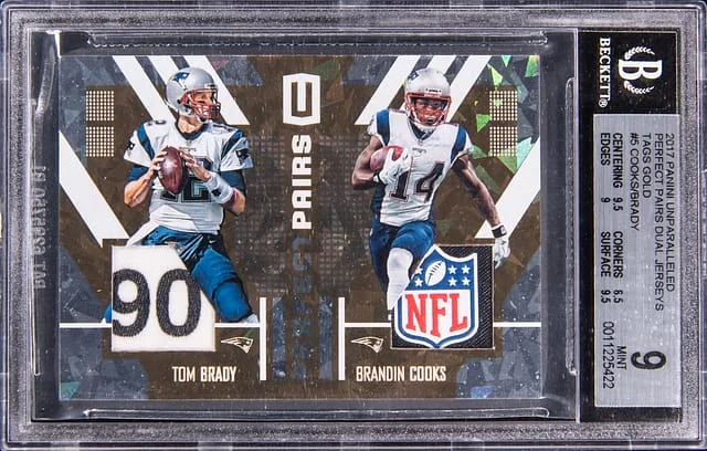 2017 Panini Tom Brady/Brandin Cooks Unparalleled Perfect Pairs Dual Jerseys Tags Gold #PA-5 card image