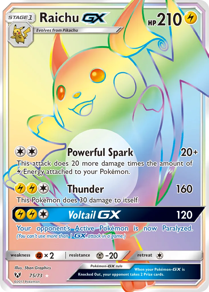 2017 Shining Legends Raichu-GX #75/73 Rare Rainbow card image