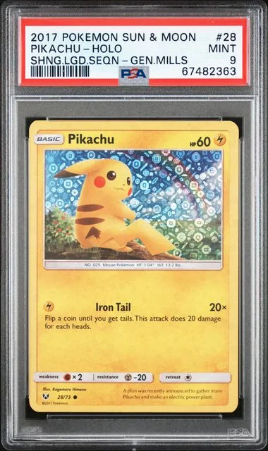 2017 Pokemon Sun & Moon Shining Legends Sequin General Mills Mini Packs Holofoil Pikachu #28 card image
