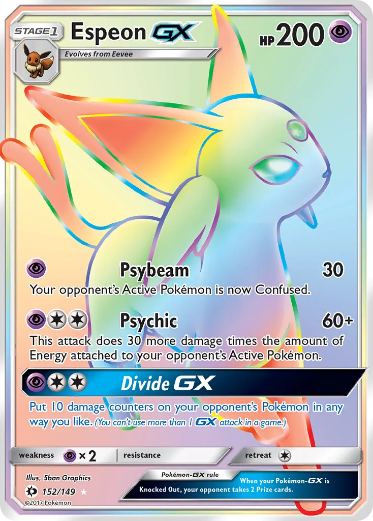 2017 Sun & Moon Espeon-GX #152/149 Rare Rainbow card image