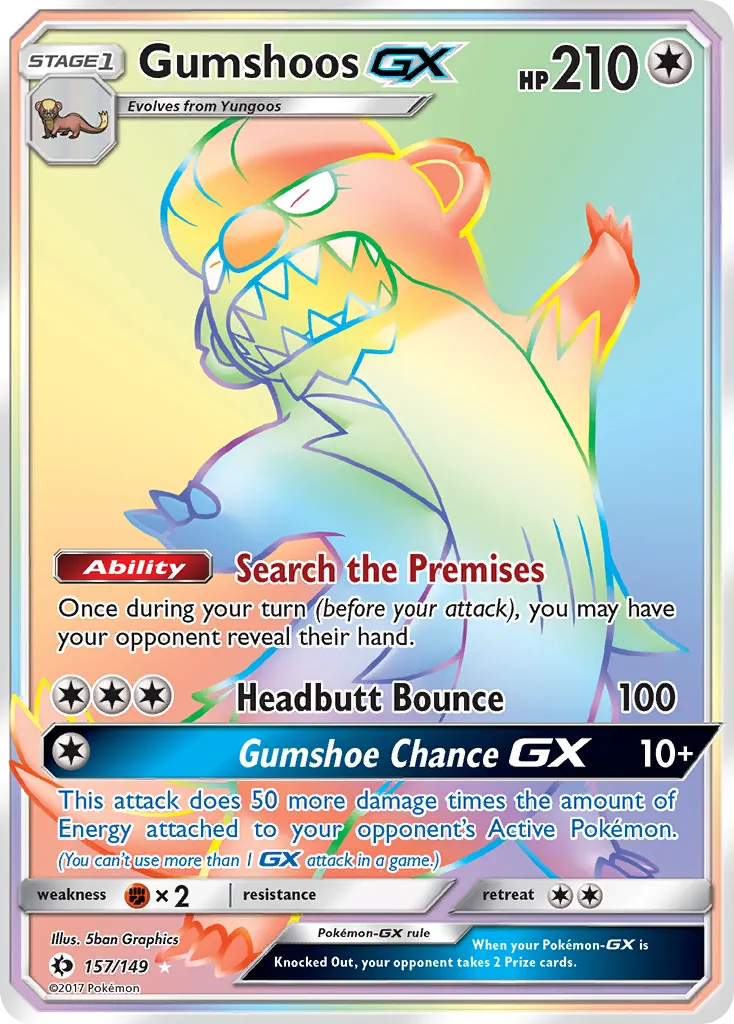 2017 Sun & Moon Gumshoos-GX #157/149 Rare Rainbow card image