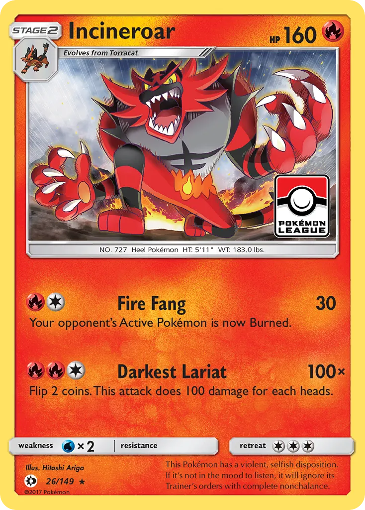 2017 Sun & Moon Incineroar Rare #026/149 Rare card image