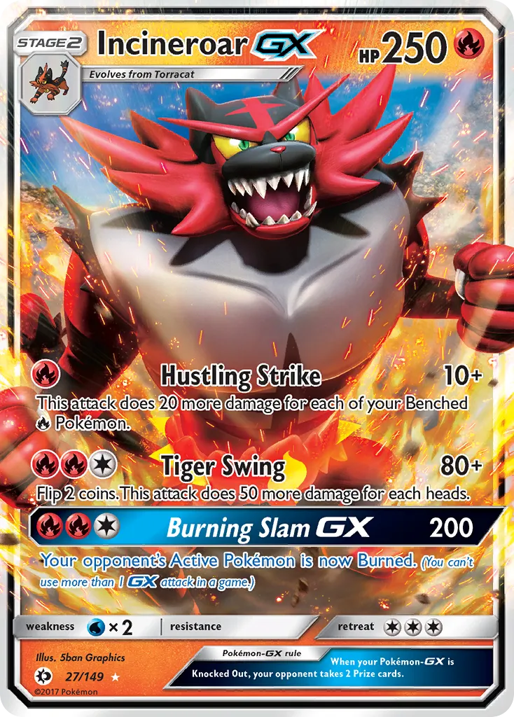 2017 Sun & Moon Incineroar-GX #027/149 Rare Holo GX card image
