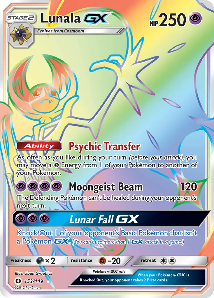 2017 Sun & Moon Lunala-GX #153/149 Rare Rainbow card image
