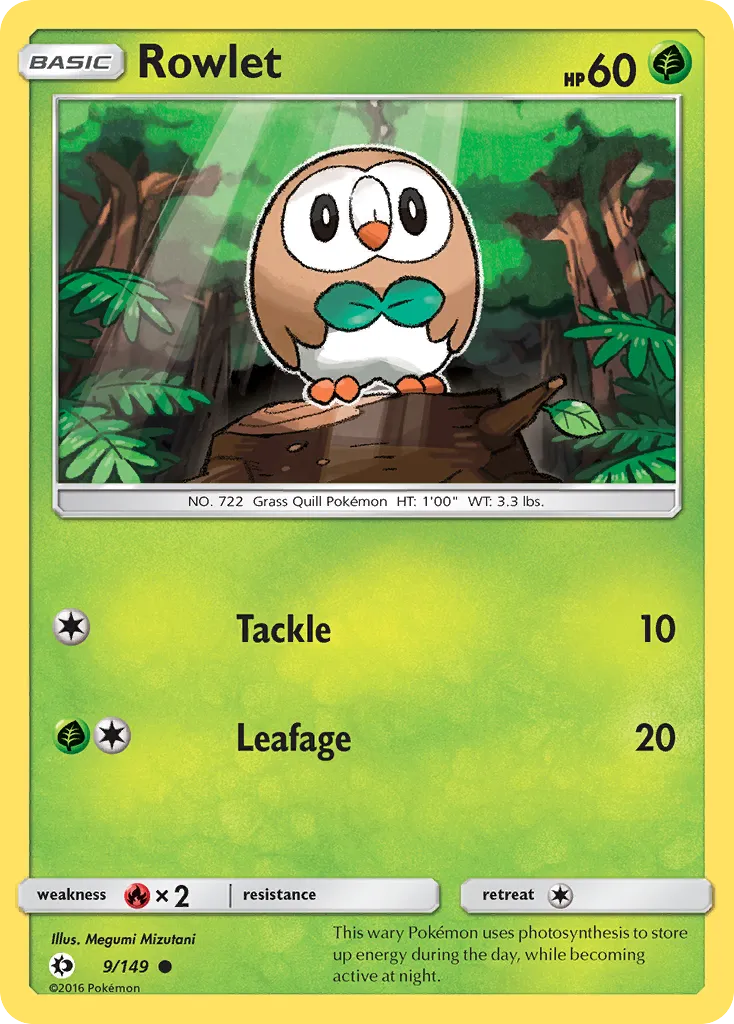 2017 Sun & Moon Rowlet Common #009/149 Common card image