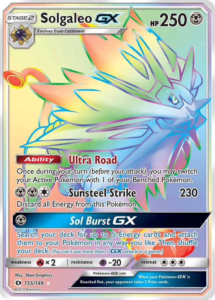 2017 Sun & Moon Solgaleo-GX #155/149 Rare Rainbow card image