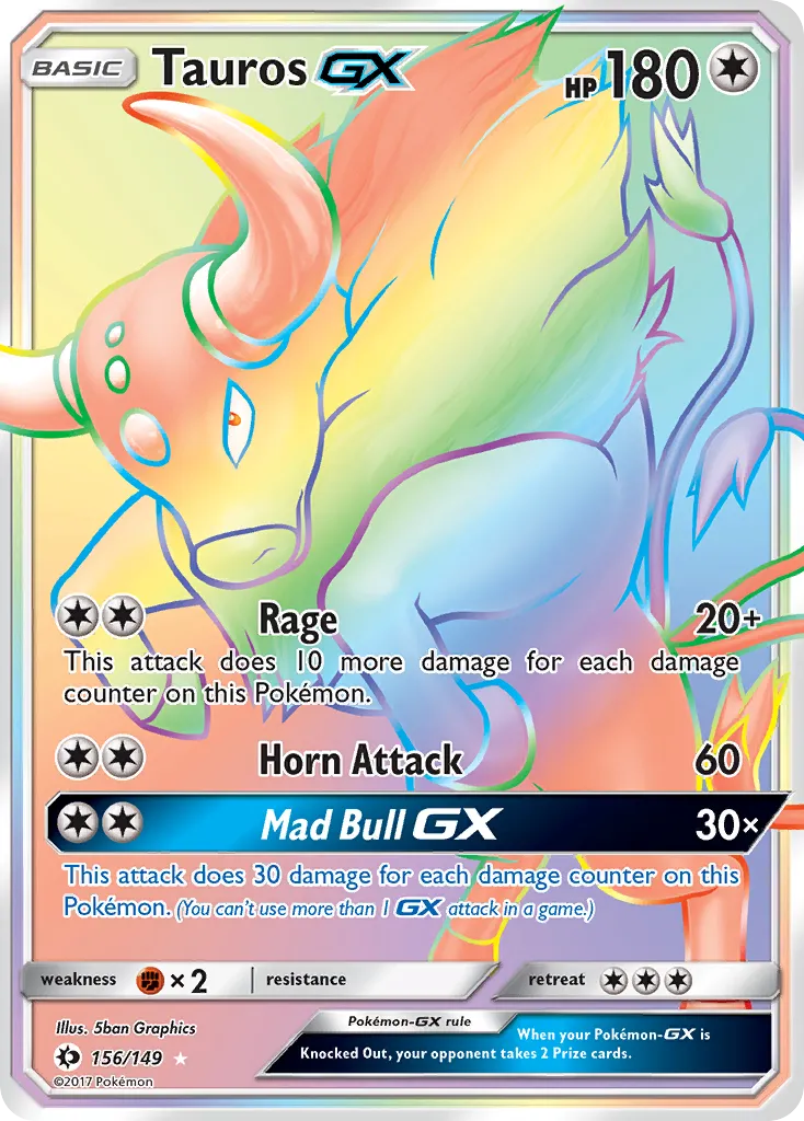 2017 Sun & Moon Tauros-GX #156/149 Rare Rainbow card image