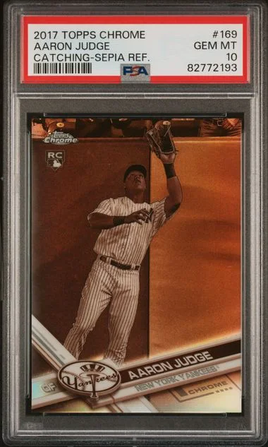 2017 Topps Chrome Aaron Judge Catching-Sepia Refractor #169 card image