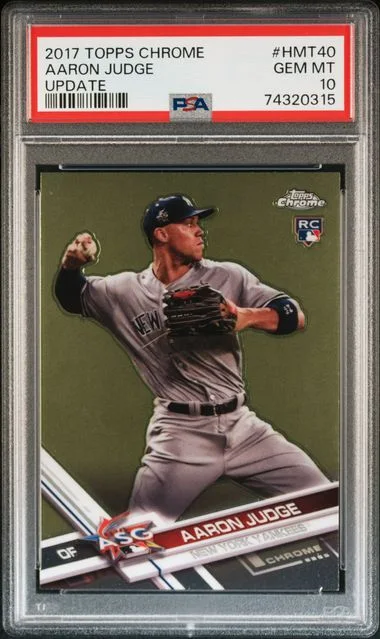 2017 Topps Chrome Aaron Judge Autographs Red Refractor #HMT40 card image
