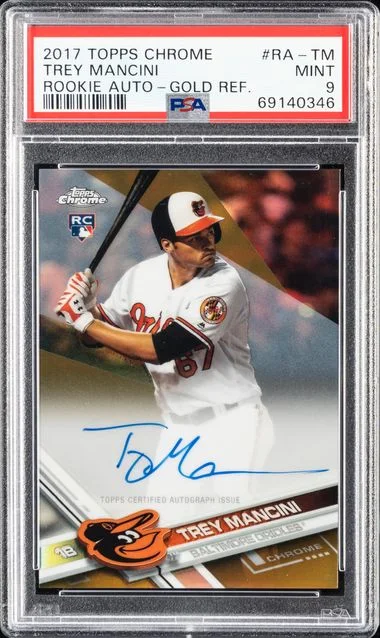 2017 Topps Chrome Trey Mancini Autographs Gold Refractor #RA-TM card image
