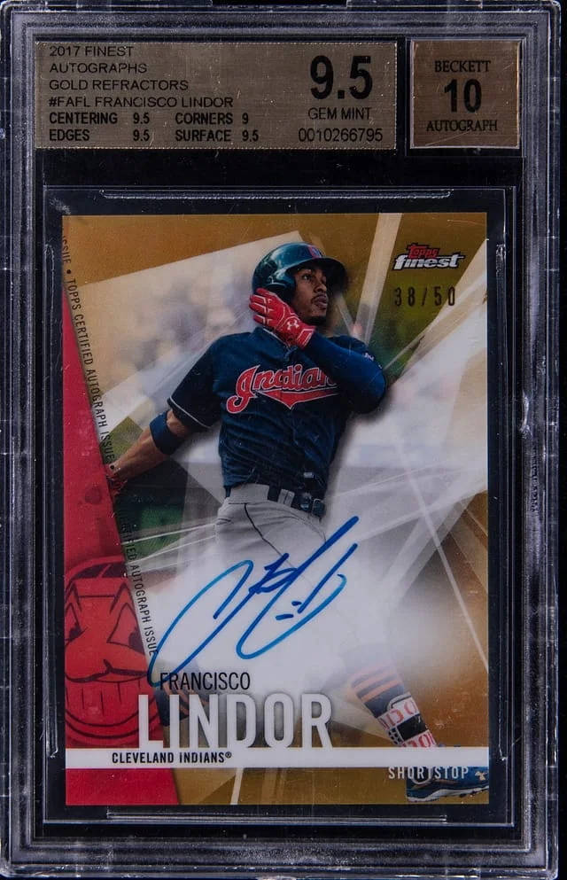 2017 Topps Finest Francisco Lindor Autographs Gold Refractors #FA-FL card image