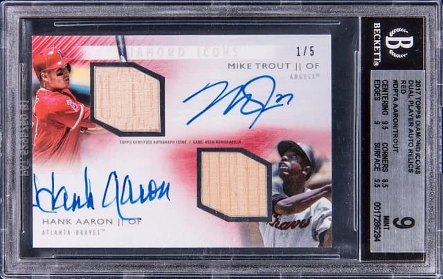 2017 Topps Hank Aaron/Mike Trout Diamond Icons Dual Player Autograph Relics Red #DPTA card image