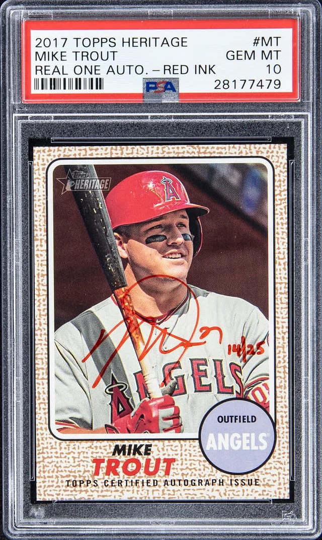2017 Topps Heritage Real One Mike Trout Autograph Red Ink #ROA-MT card image