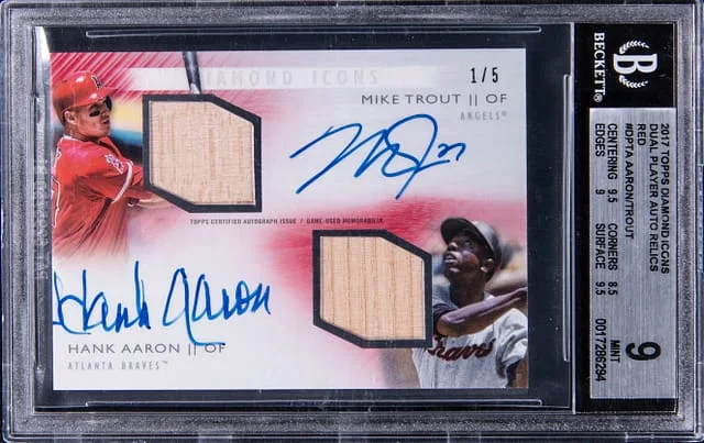 2017 Topps Mike Trout/Hank Aaron Diamond Icons Dual Player Autograph Relics Red #DA-TA card image