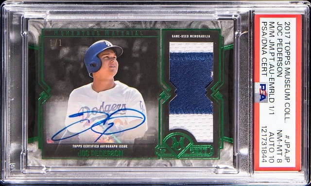 2017 Topps Museum Collection Joc Pederson Momentous Material Jumbo Patch Autograph Emerald #JPA-JP card image