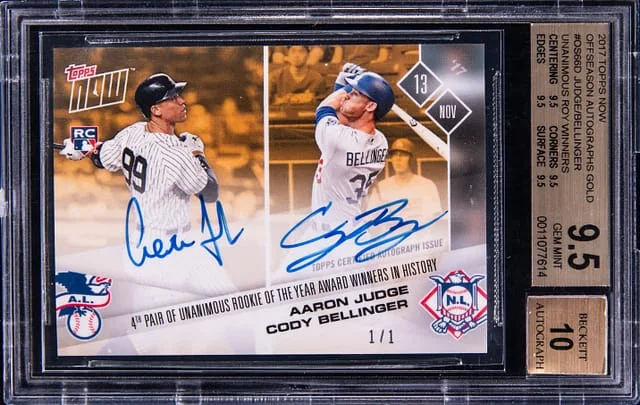 2017 Topps Now Aaron Judge/Cody Bellinger Off Season Autographs Gold Unanimous ROY Winners #OS-66D card image