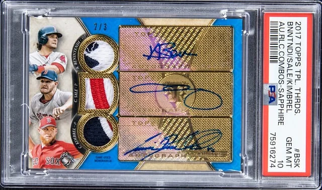 2017 Topps Triple Threads Andrew Benintendi/Chris Sale/Craig Kimbrel Autograph Relic Combos Sapphire #BSK card image