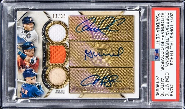 2017 Topps Triple Threads Carlos Correra/Jose Altuve/Alex Bregman Multi-Signed Autograph Relic Combo #ARC-CAB card image