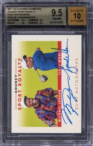 2017 Upper Deck Goodwin Champions Michael Jordan/Tiger Woods Goudey Sport Royalty Dual Autographs #SRA-JW card image