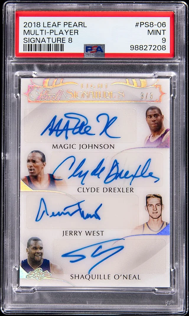 2018-19 Leaf M. Johnson/C. Drexler/J. West/S. O'Neal/L. Bird/H. Olajuwon/A. Iverson/W. Frazier Multi-Signed Pearl Signature 8 #PS8-06 card image