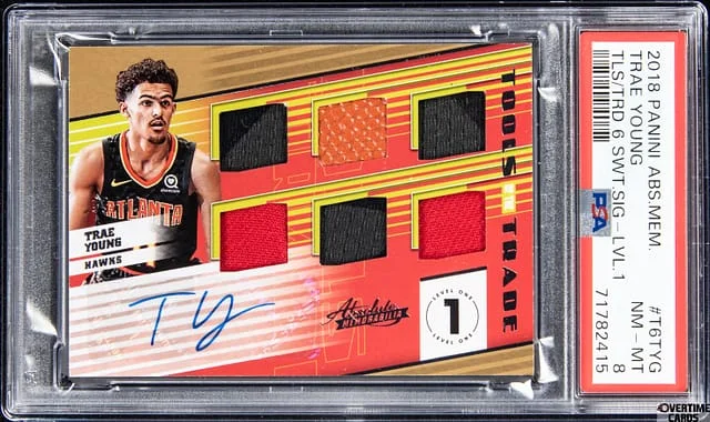 2018-19 Panini Absolute Trae Young Memorabilia Tools of the Trade 6 Swatch Signatures Level 1 #T6TYG card image