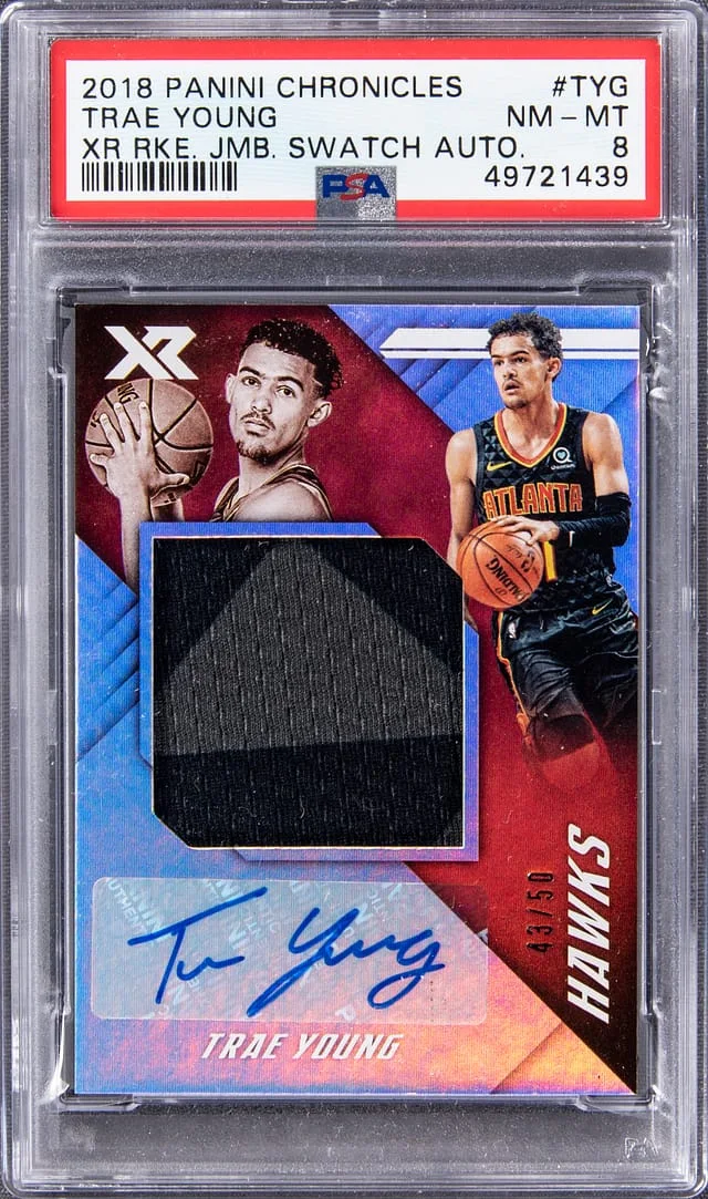 2018-19 Panini Chronicles Trae Young XR Jumbo Swatch Autograph #XR-TYG card image
