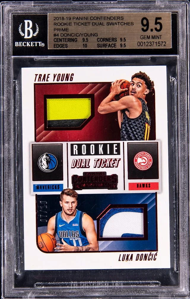2018-19 Panini Contenders Luka Doncic/Trae Young Ticket Dual Swatches Prime #RD-LT card image