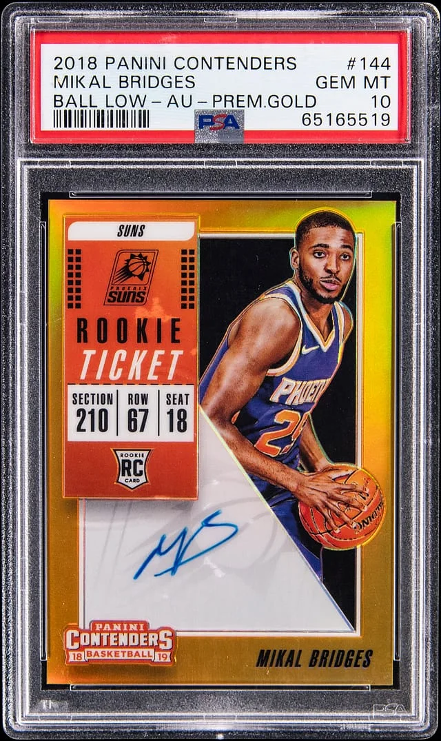 2018-19 Panini Contenders Mikal Bridges, Ball Low Ticket Autograph Premium Gold Prizm #144 card image
