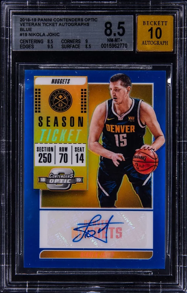 2018-19 Panini Contenders Optic Nikola Jokic Veteran Ticket Autograph Blue #VT-NJK card image