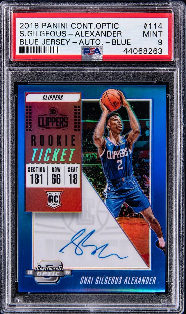 2018-19 Panini Contenders Optic Shai Gilgeous-Alexander, Blue Ticket Autograph Gold #114 card image
