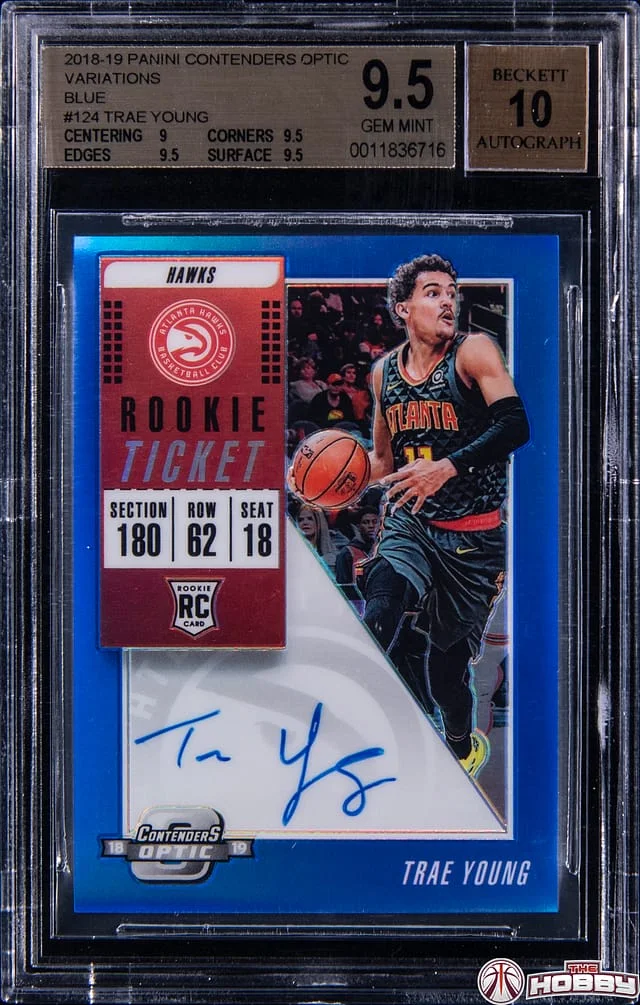 2018-19 Panini Contenders Optic Trae Young Ticket Autographs Variation Blue #124 card image