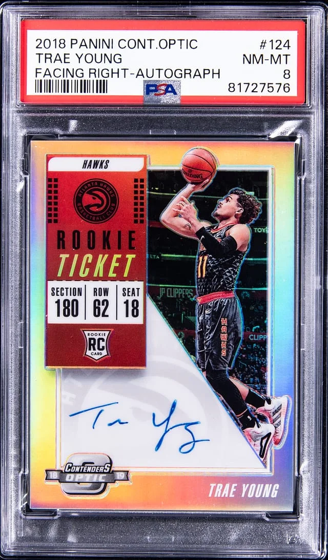 2018-19 Panini Contenders Optic Trae Young, Facing Right Autograph #124 card image