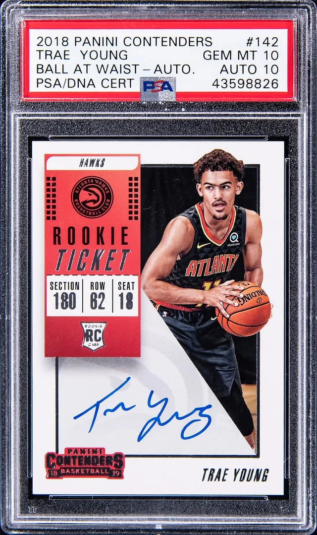 2018-19 Panini Contenders Trae Young, Ball At Waist Autograph #142 card image