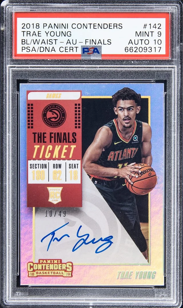 2018-19 Panini Contenders Trae Young, Ball Waist Autograph Finals #142 card image