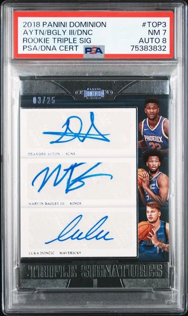 2018-19 Panini Deandre Ayton/Luka Doncic/Marvin Bagley III Dominion Triple Signatures #RT-TOP3 card image