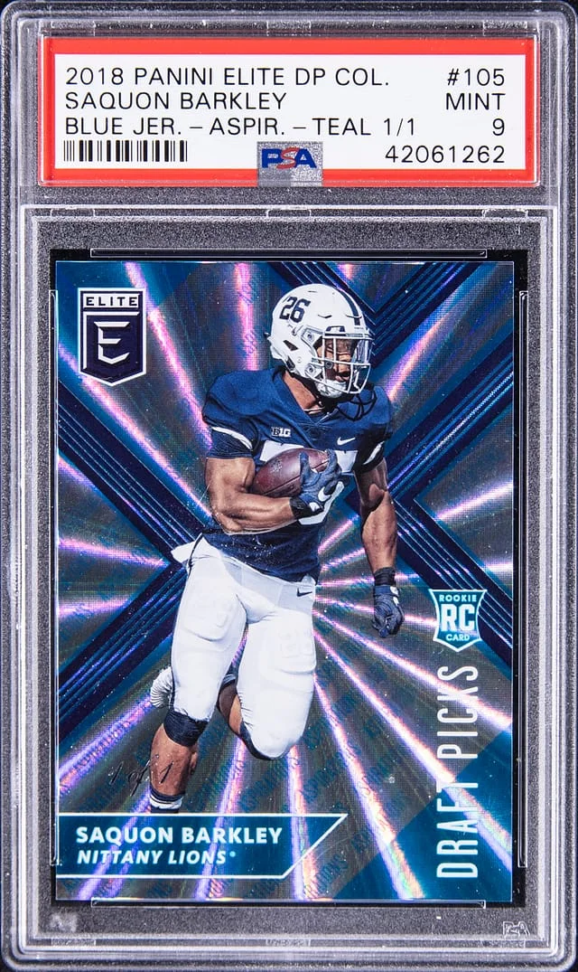 2018-19 Panini Elite Saquon Barkley Draft Picks Collegiate Blue Jersey Aspirations Teal #105 card image