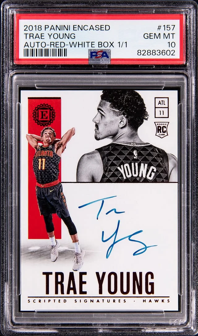 2018-19 Panini Encased Trae Young Autograph Red White Box #157 card image
