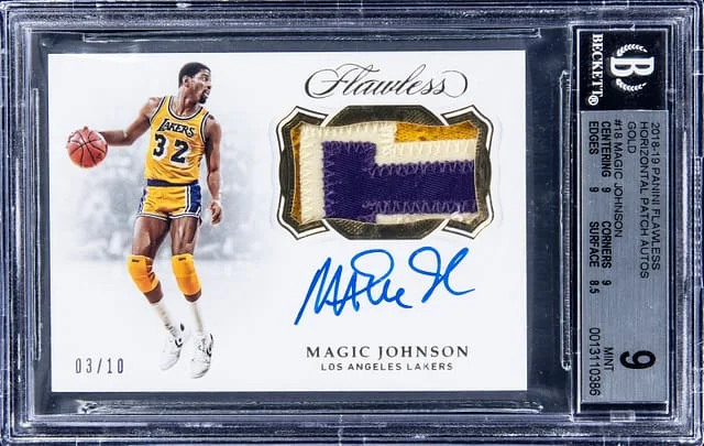2018-19 Panini Flawless Magic Johnson Horizontal Patch Auto Gold #HP-MJN card image