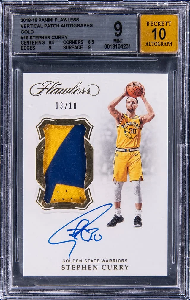 2018-19 Panini Flawless Stephen Curry Vertical Patch Autograph Ruby #VP-SCY card image