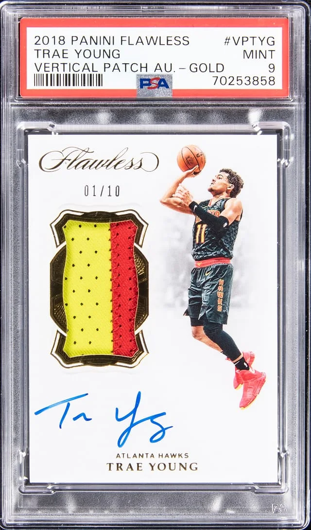 2018-19 Panini Flawless Trae Young Vertical Patch Autographs Gold #VP-TYG card image