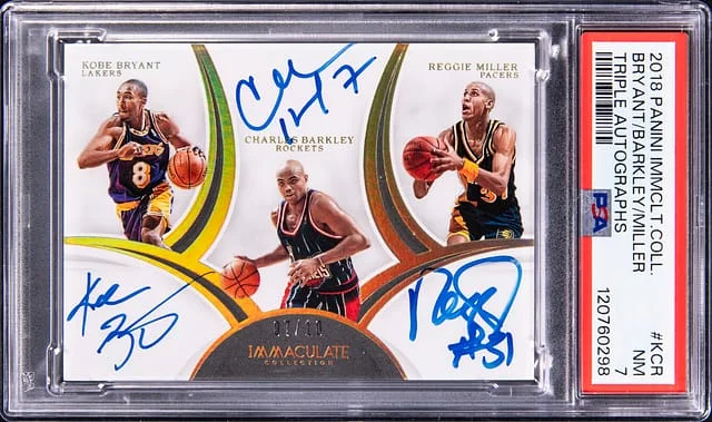 2018-19 Panini Immaculate Collection Kobe Bryant/Charles Barkley/Reggie Miller Multi-Signed Triple Autographs #TA-KCR card image