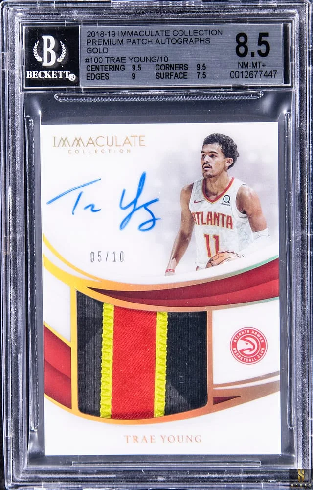2018-19 Panini Immaculate Collection Trae Young Premium Patch Autograph Gold #PP-JST card image