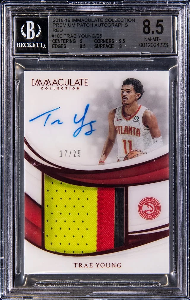 2018-19 Panini Immaculate Trae Young Premium Patch Autographs Red #PP-JST card image