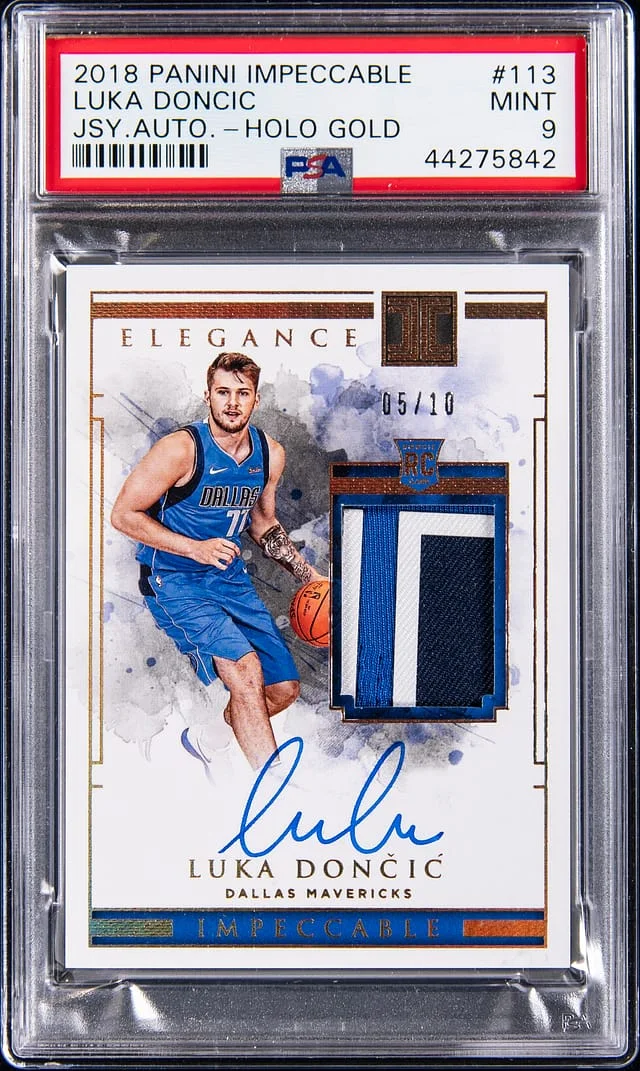 2018-19 Panini Impeccable Luka Doncic Patch Autograph (RPA) Holo Gold #113 card image