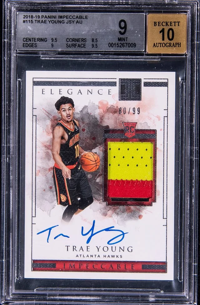 2018-19 Panini Impeccable Trae Young Elegance Jersey Autographs White Box #115 card image